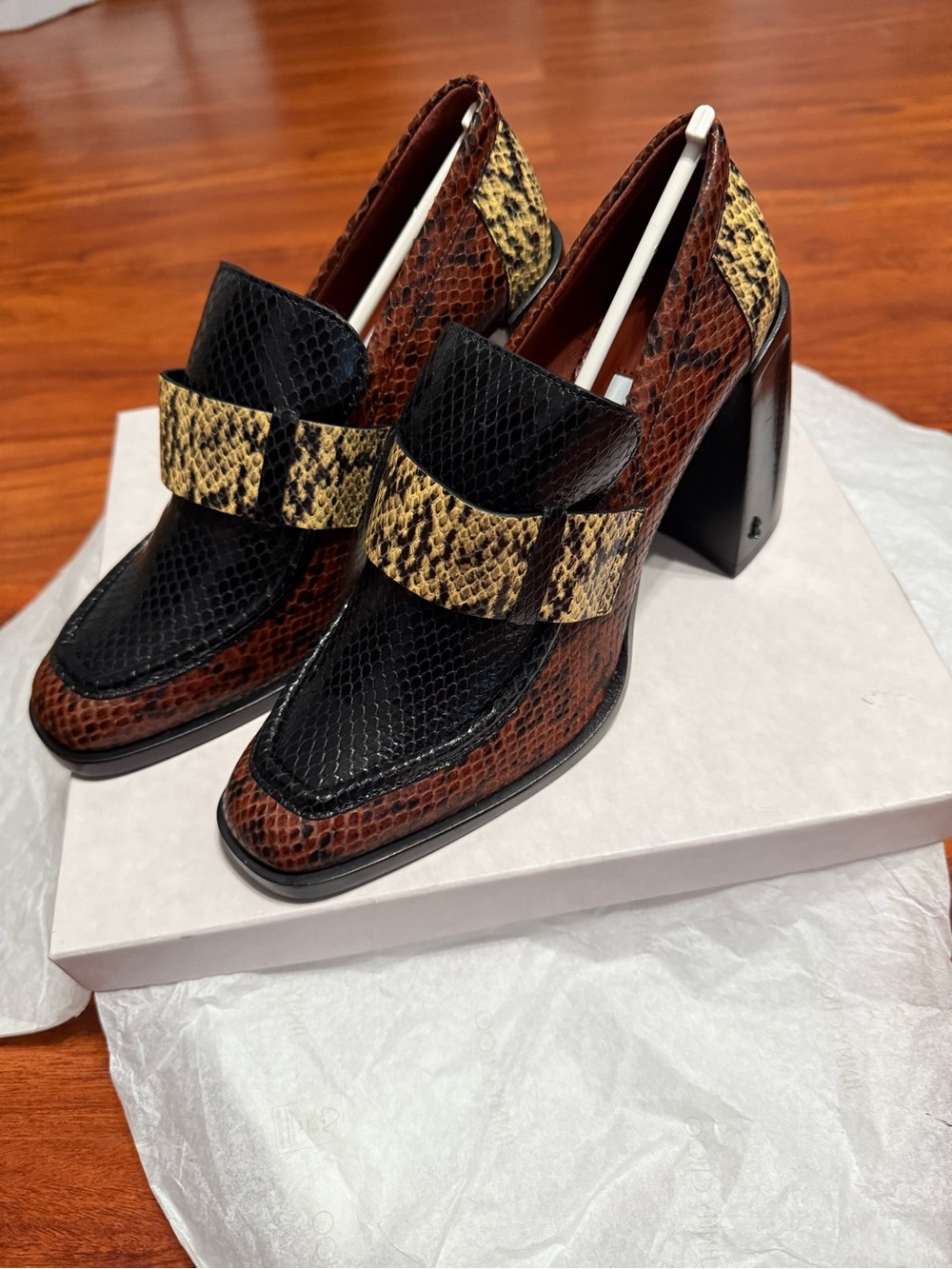 Jimmy Choo Black, Brown & Yellow Snake-Print Block Heel Loafers